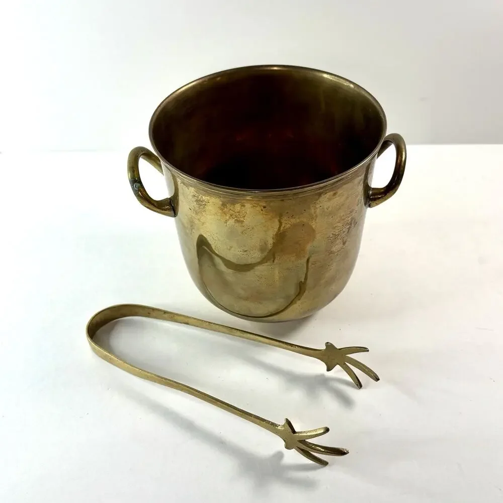 Vtg Brass Handled Bucket w Claw Tongs Ice Bar Cart Mid Century bar wear Patina